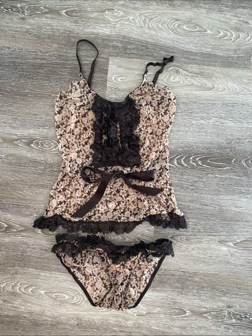 Blush Floral Lace-Trim Cami & Brief Set in Soft Pink and Brown